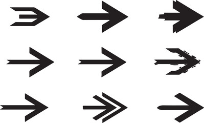 Collection of nine hand drawn arrow illustrations with various styles and patterns isolated on white background.