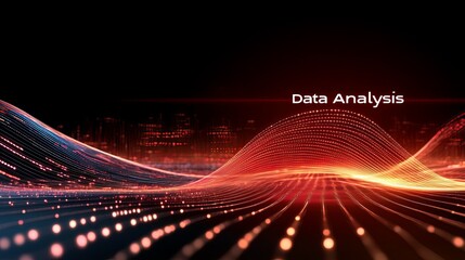 Abstract glowing red and blue digital data flow lines with text overlay