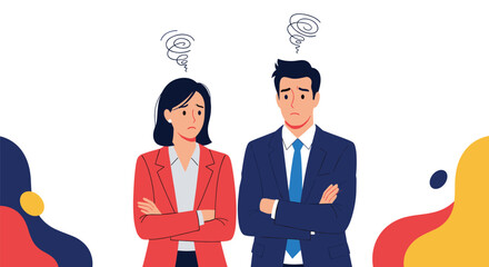 Two confused business people with arms crossed stand with wavy abstract shapes around them.