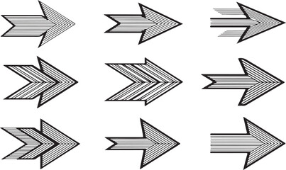 Collection of nine hand drawn arrow illustrations with various styles and patterns isolated on white background.