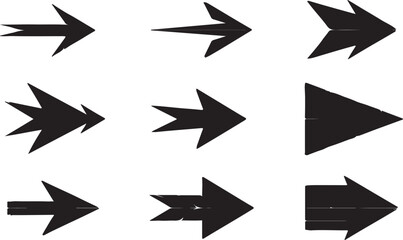 Collection of abstract geometric polygonal arrow shapes pointing to the right rendered in a dark gray low poly style isolated on white background.