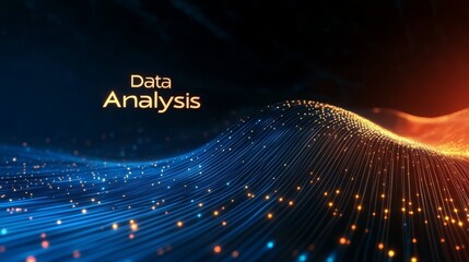 Glowing digital wave visualization displays abstract data analysis text against dark background