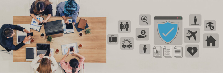 Various insurance icons like travel, health, home, and car protection connected to a central blue shield icon Parse