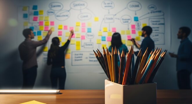 Creative Team Brainstorming Session with Colorful Sticky Notes