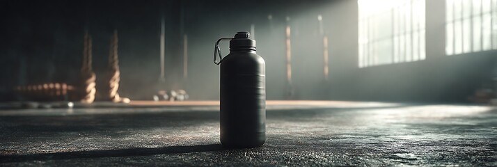 Determination fitness bottle mockup on gritty gym floor with spotlight and shadow play