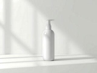 Minimalist white pump bottle with soft light and shadow on a clean background