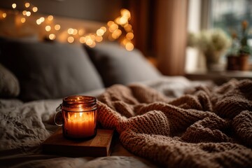 Cozy Candlelight Background with Warm Glow and Soft Bokeh for Relaxing Autumn or Winter Template Design