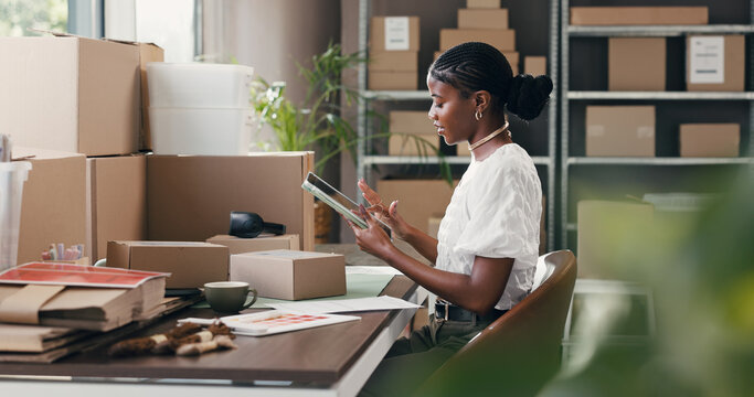 Black woman, tablet and scroll for dropshipping, logistics or supply chain with distribution schedule for boxes. Person, tech and review with package, app or notes for inventory management at startup