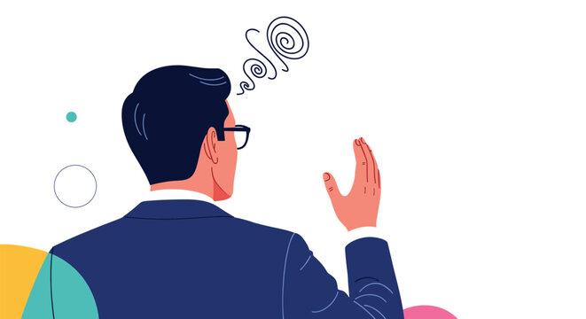 Man in a suit looking confused with swirling thoughts above his head and his hand raised.