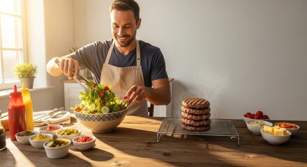 Smiling young caucasian male chef preparing colorful salad in sunlit kitchen