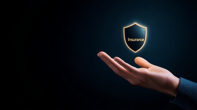 Glowing digital shield icon labeled insurance floats above an open human hand