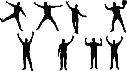 Dynamic silhouette poses, expressive body movement, jumping figure, raised arms, celebration gesture, standing action, energetic stance, emotion, motion, presentation
