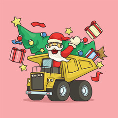 Cartoon Santa waving while driving a yellow mining truck loaded with Christmas trees and gifts for festive industrial themes.