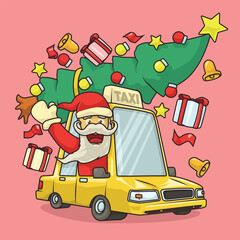 Cartoon Santa driving a taxi loaded with Christmas gifts and a tree, perfect for festive taxi driver and holiday themes.