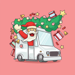 Cartoon Santa driving a van delivering Christmas gifts and a tree, perfect for festive courier and holiday delivery themes.