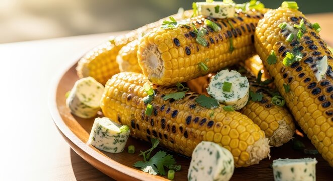 Grilled corn on the cob with herb butter and fresh cilantro