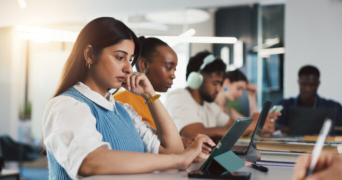 Startup, coworking and people on tech for project, research and seo report for website traffic. Creative agency, team and workers on tablet in office for digital marketing, online review and planning - Powered by Adobe