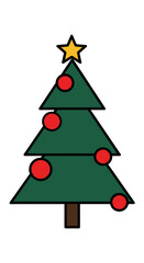Fototapeta premium A simple, stylized illustration of a green Christmas tree adorned with red ornaments and a yellow star on top, set against a white background.