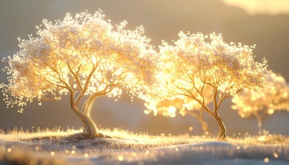Two Glowing Trees in a Dreamy Landscape with Golden Light.