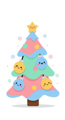 Fototapeta premium A colorful cartoon Christmas tree decorated with ornaments and a star on top, festive.