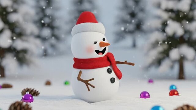 Cute 3D snowman waving and dancing in snow falling landscape