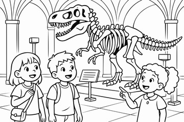 Children's coloring book - Children admiring dinosaur skeleton in museum while exploring  
