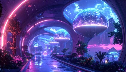 Futuristic Neon Cityscape with Glowing Arches and Floating Spheres.