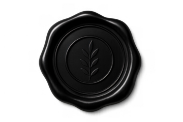 Black wax seal with a branch emblem, representing quality, authority, and official certification on a transparent background