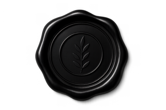 Black wax seal with a branch emblem, representing quality, authority, and official certification on a transparent background - Powered by Adobe