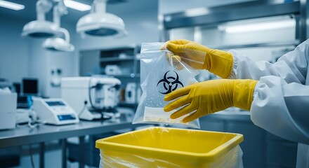 Scientist in a laboratory disposing of biohazard waste in a special container