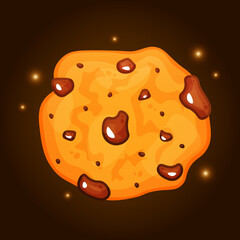 Game Christmas icon of chocolate chip cookie in cartoon style. Perfect for Christmas events, rewards, and achievement systems. Suitable for seasonal interface updates in mobile games, casual games