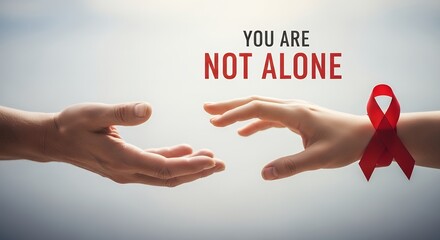 Hand reaching out to help another hand with red ribbon, anti-stigma and support message