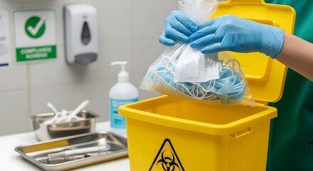 Healthcare worker disposing of used medical face masks into a biohazard bin
