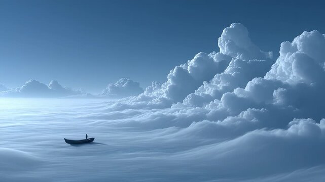 A lone boat sailing far in a sea of clouds