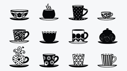 Collection of various tea cups and coffee mugs on saucers design