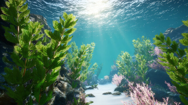 Underwater kelp forest sun rays clear water marine life ocean floor seaweed vibrant serene scene with rocky reef and soft sand path