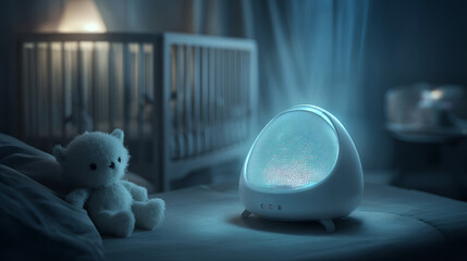 Calm nursery night light sound machine glow soft blue ambiance baby sleep aid white noise device bedtime comfort cozy bedroom
