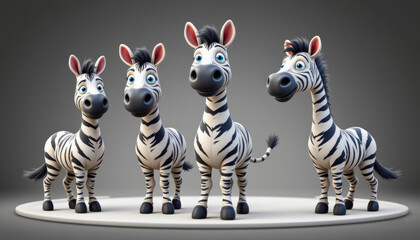 Obraz premium Cute zebra cartoon striped animal black and white big eyes playful herd standing studio light glossy 3D style joyful charm