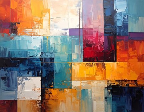 Abstract oil painting with geometric forms, blocks, and various vibrant colors