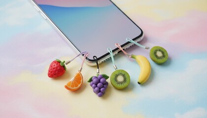 Smartphone adorned with whimsical fruit charms on a colorful backdrop.