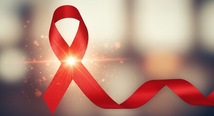 Red ribbon with shining light effect, symbolizing hope and fight against AIDS