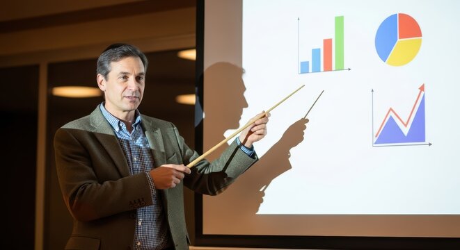 Caucasian male adult presenting business graphs and charts in office setting