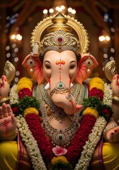 Divine Lord Ganesha Idol with Floral Garland and Ornaments