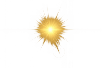 Bright yellow light illuminating with a lens flare effect and starburst rays on transparent background