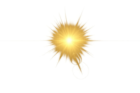 Bright yellow light illuminating with a lens flare effect and starburst rays on transparent background