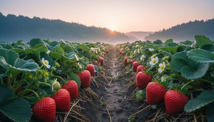 Strawberry Field at Sunrise - Rows of Ripe Berries in the Morning Light.