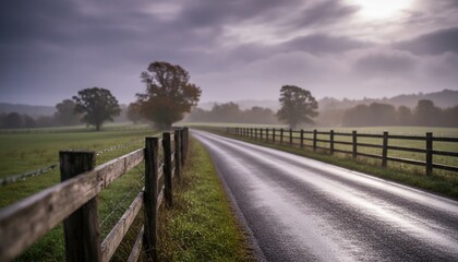 Misty Morning Road - A Serene Landscape with Fence and Trees.