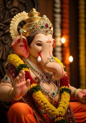 Traditional Ganesh Idol with Vibrant Decorations