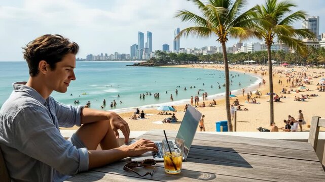 Relaxed beachfront lifestyle with city skyline view: digital nomad working by ocean