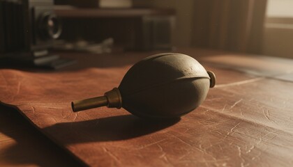 Vintage Camera Blower on Wooden Surface in Soft Light.